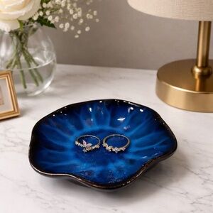 Blue Ceramic Jewelry Dish Ring Holder Trinket Tray Catchall Tray - NEW